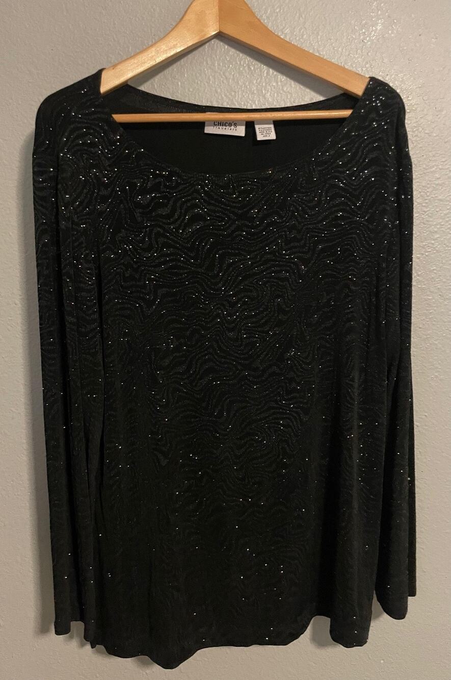 Chicos Womens Top Size 2 US Large Black Glitter Long Sleeve Slinky Knit Modern